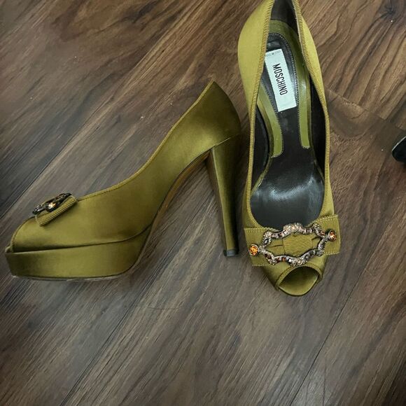 Moschino Olive Satin Bejeweled Platform Heels Size 37 - Picture 5 of 5